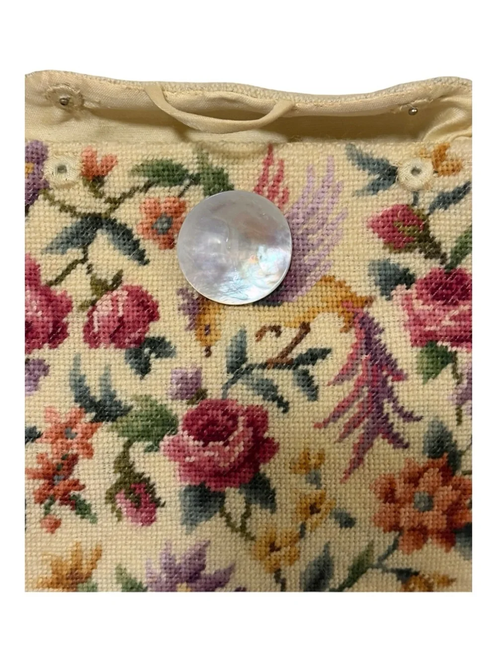 1920’s-30’s Needle Point Floral Clutch with Large Abalone Pearl Saucer Closure